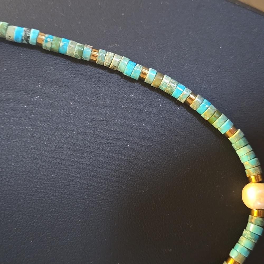 Chic Heishi Turquoise and Pearl Necklace With Gold And Matching Bracelet Set - Picture 6 of 15